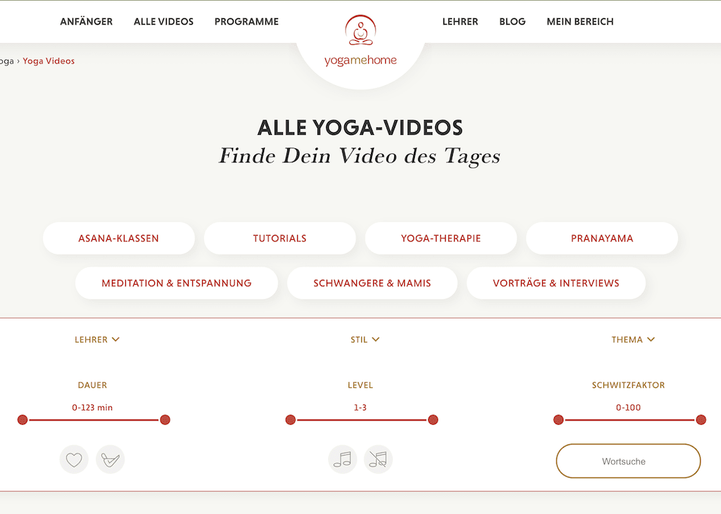 Screenshot Menü YogaMeHome Online Yoga Studio für zu Hause