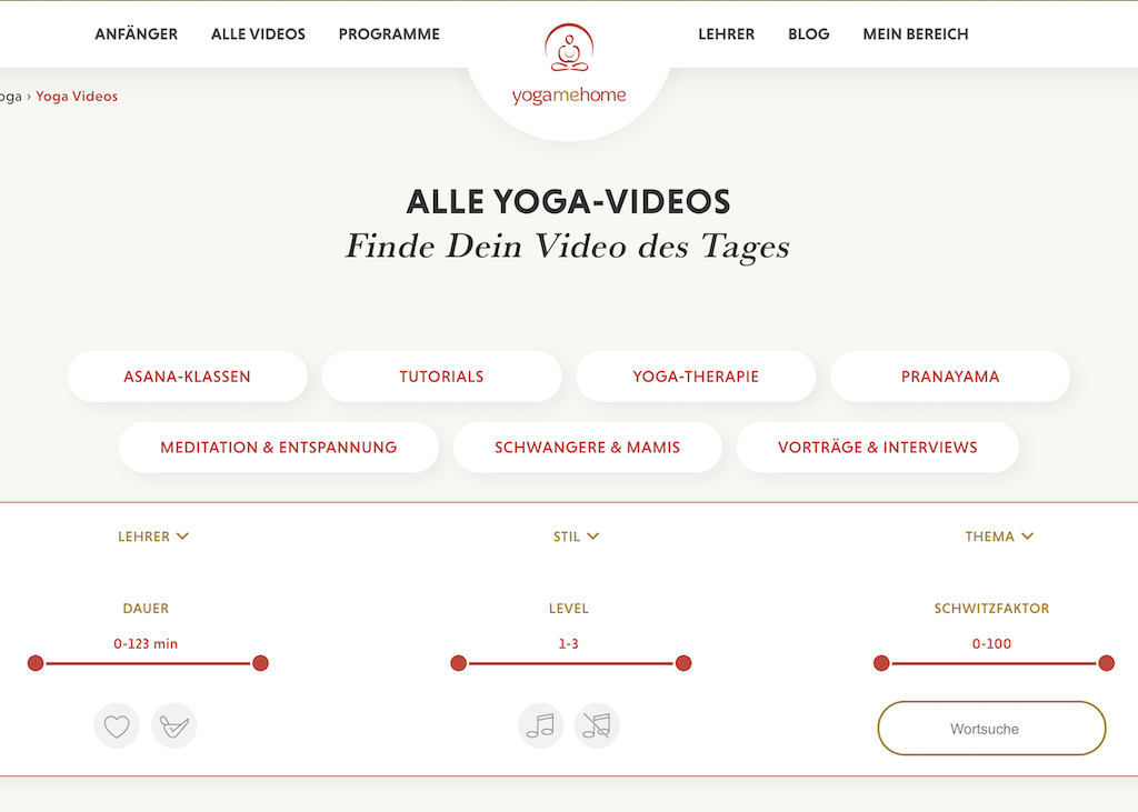 Screenshot Menü YogaMeHome Online Yoga Studio für zu Hause